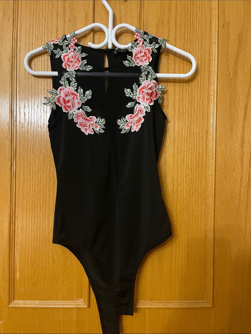 Simons Black Bodysuit with Pink Rose Appliqué